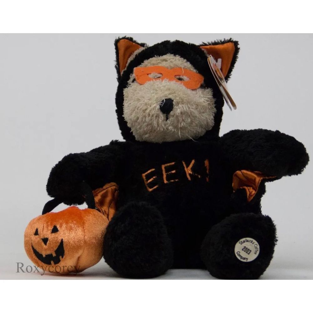 NEW Starbucks 27th Bearista 2003 Halloween EEK Black Plush Bear with Pumpkin Bag